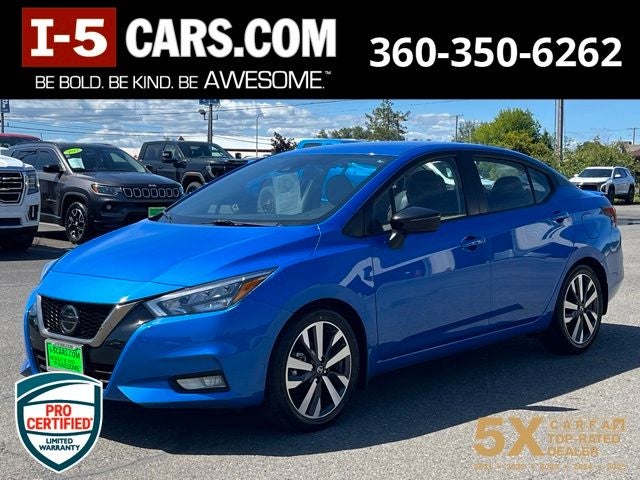 2021 Nissan Versa 1.6 SR in Electric Blue Metallic — front three-quarter view