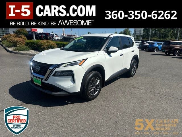 2022 Nissan Rogue S in Glacier White — front three-quarter view