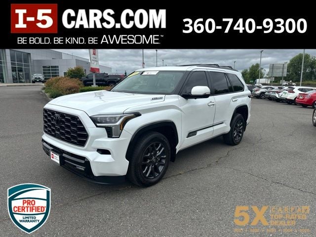 2025 Toyota Sequoia Platinum in Wind Chill Pearl — front three-quarter view