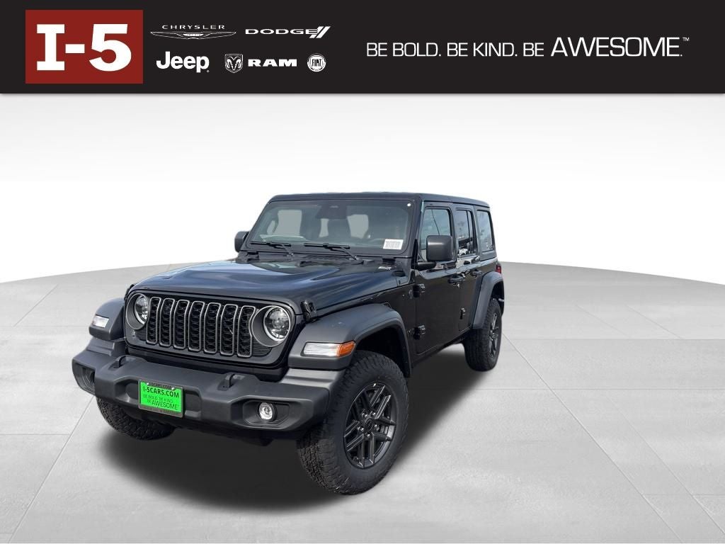 2026 Jeep Wrangler WRANGLER 4-DOOR SPORT S in Black Clear-Coat Exterior Paint — front three-quarter view