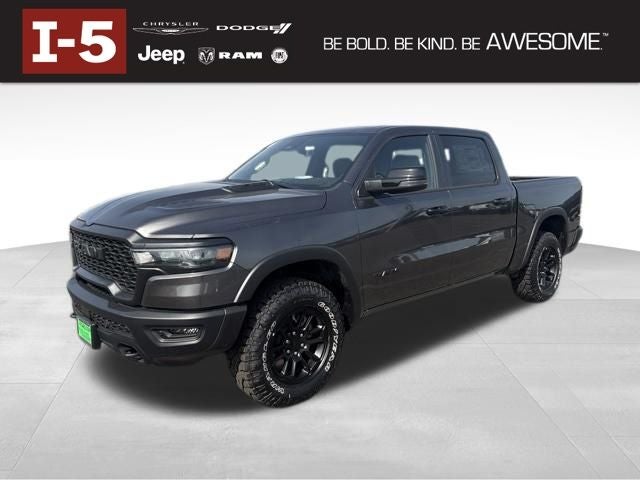 2026 RAM Ram 1500 RAM 1500 REBEL CREW CAB 4X4 5'7' BOX in Granite Crystal Metallic Clear-Coat Exterior Paint — front three-quarter view