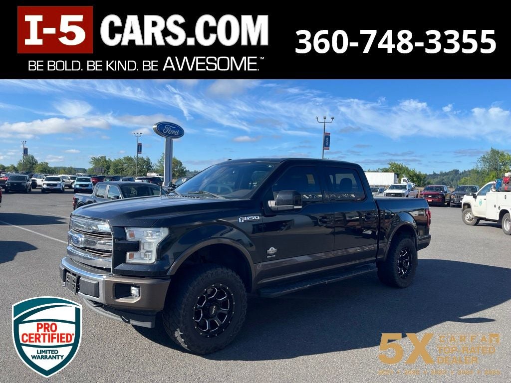 2017 Ford F-150 King Ranch in Shadow Black — front three-quarter view