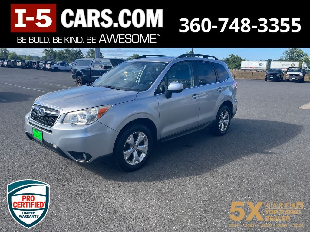 2015 Subaru Forester 2.5i Limited in Ice Silver Metallic — front three-quarter view